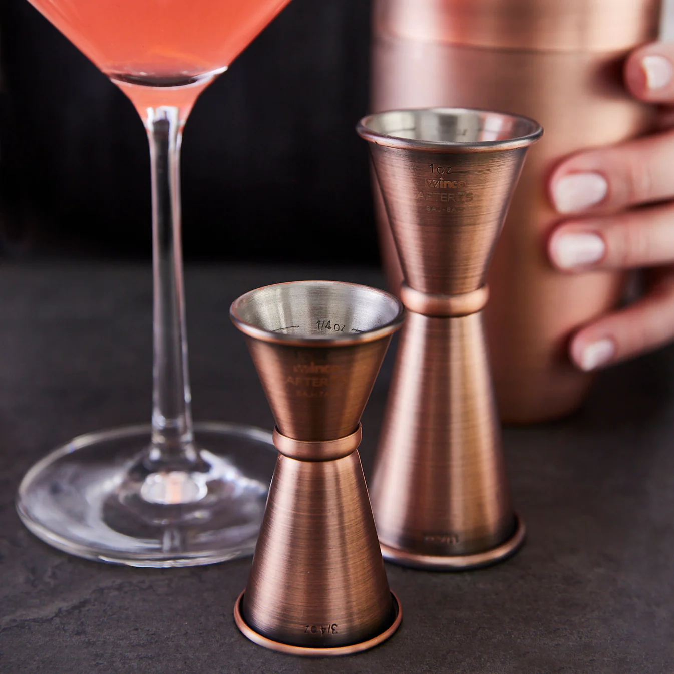 Winco BAJ-7AC Antique Copper Jigger, 1/2 oz & 3/4 oz - Image 3